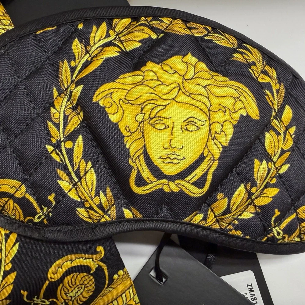 Versace Silk Black and Gold Sleep Mask and Matching Pouch Set